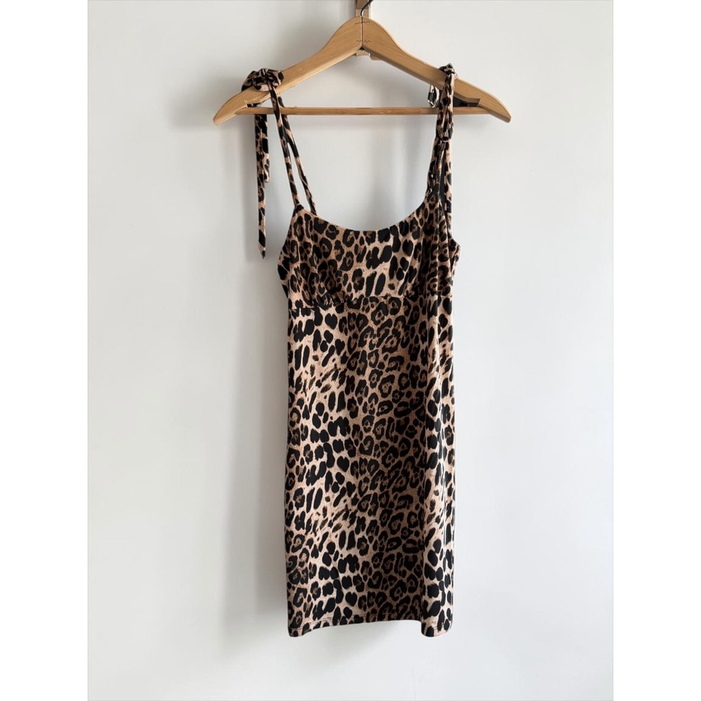 Audrey 3+1 Leopard Print Mini Dress Brown Black Tie Shoulder Medium NWOT